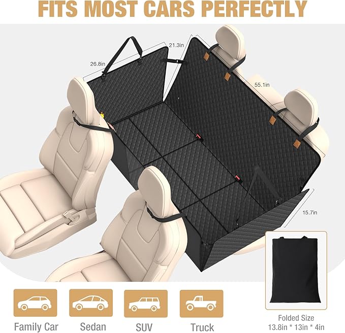 Lekereise Back Seat Extender for Dogs, Hard-Bottom Hammock Holds up to 400 lb, Waterproof with Mesh Window & Storage Pockets – Universal Fit, Black