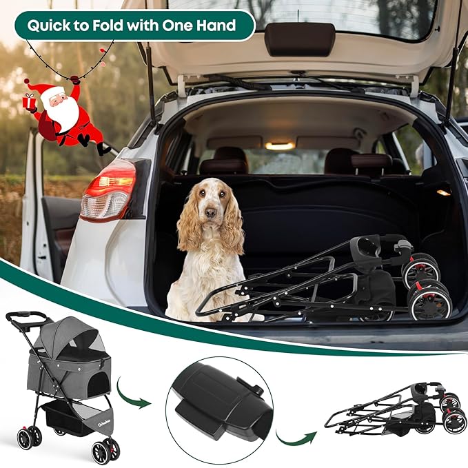 Pet Stroller,Dog Stroller for Small Medium Dogs Cats,3 Wheels,Foldable,with Breathable Mesh Canopy,Cup Holders,Easy Assembly,Grey