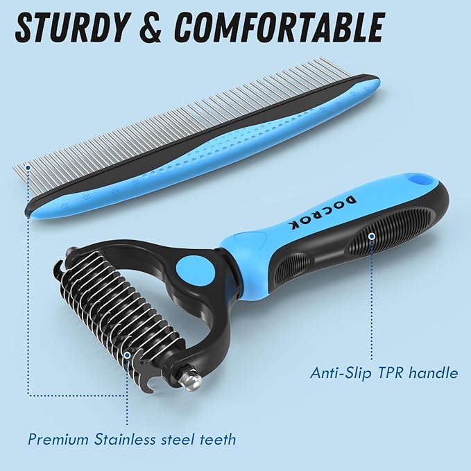 Pet Grooming Combo - Blue Deshedding Brush with Metal Comb for Detangling and Dematting Long, Matted Fur on Cats and Dogs