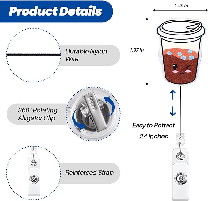 Funny Iced Coffee Nurse Badge Reel, Cute Coffee Lovers Retractable ID Badge Holder with Alligator Clip, Name Tag Badge Buddy for RN LPN Night Shift Nurse Nursing Student Teacher Doctor Office Workers