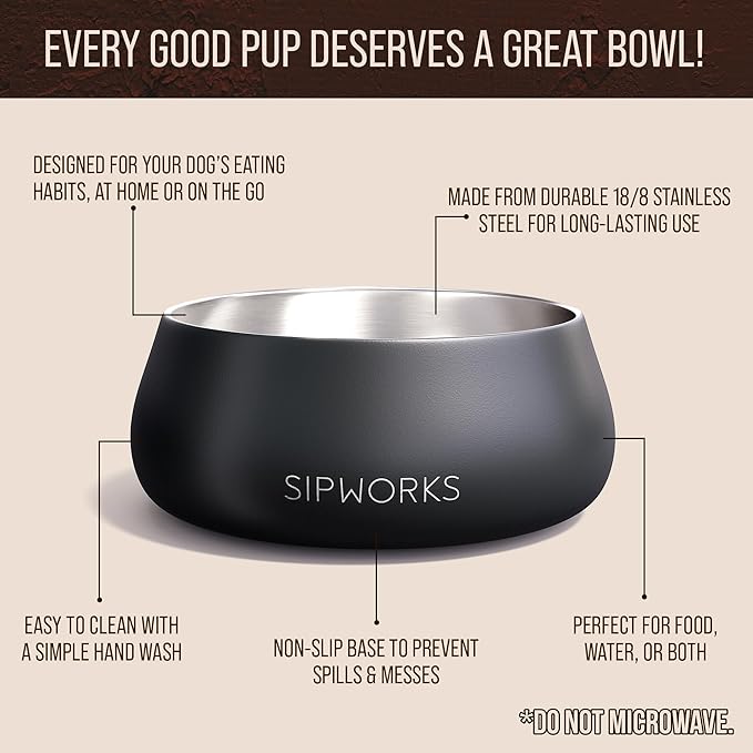 Sipworks Stainless Steel Dog Bowl – 32oz Weighted Metal Food and Water Bowls for Dogs and Cats with Non-Slip Base - Pet Bowls for All Breeds Sizes for Travel & Outdoor Play - Mahogany