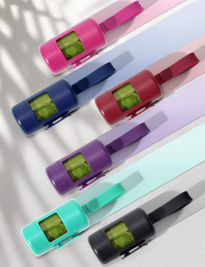 Gobeigo Dog Poop Bag Holder【Convenient Hook for Used Bags】【Silicone Strap Fits Any Leash】【Large Opening for Easy Dispensing】with 1 Roll Waste Bags (Purple)