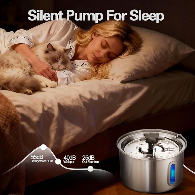 3L/101oz Stainless Steel Cat Water Fountain for Indoor Use - Ultra Quiet Automatic Cat Fountain for Drinking, BPA-Free Pet Water Dispenser for Cats/Small Dogs LED Window (2 Filters & 2 Sponges, Large)