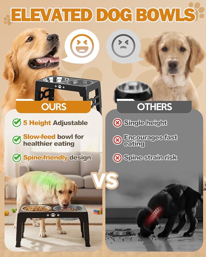 Elevated Dog Bowls, Dog Feeder with Stainless Steel Dishes & Slow Feeder Bowl, 5 Heights Adjustable Raised Stand for Medium Large, Food Dishes with Non-Slip Feet
