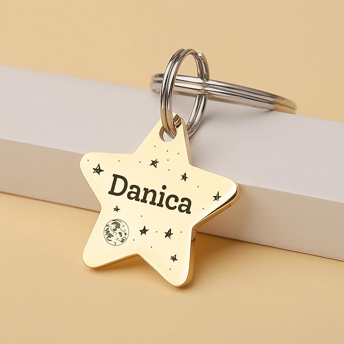 Anavia Small Size Dog Cat ID Tags, Small/XS Personalized Color Plated Stainless Steel Puppy Kitten Name Tags, Customized Engraved Nameplate Pet Collar Tag (Gold, Star)