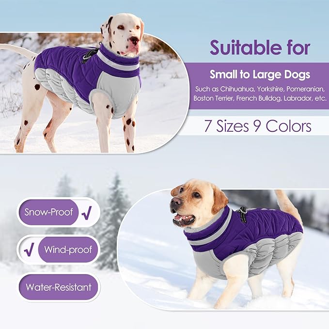 AOFITEE Dog Coat, Warm Dog Jackets for Large Dogs, Reflective Turtleneck Dogs Winter Coat with Harness Built in, Waterproof Windproof Pet Snow Jacket Fleece Vest for Cold Weather, Purple XXL