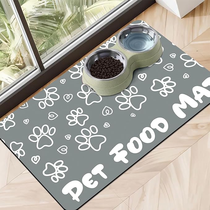 Dog Food Mat Absorbent,16"×24" Pet Mat for Floors Waterproof Quick Dry Dog Bowl Mat for Food and Water No Stains Non Slip Cat Feeding Mat Pet Supplies Paw Dark Gray
