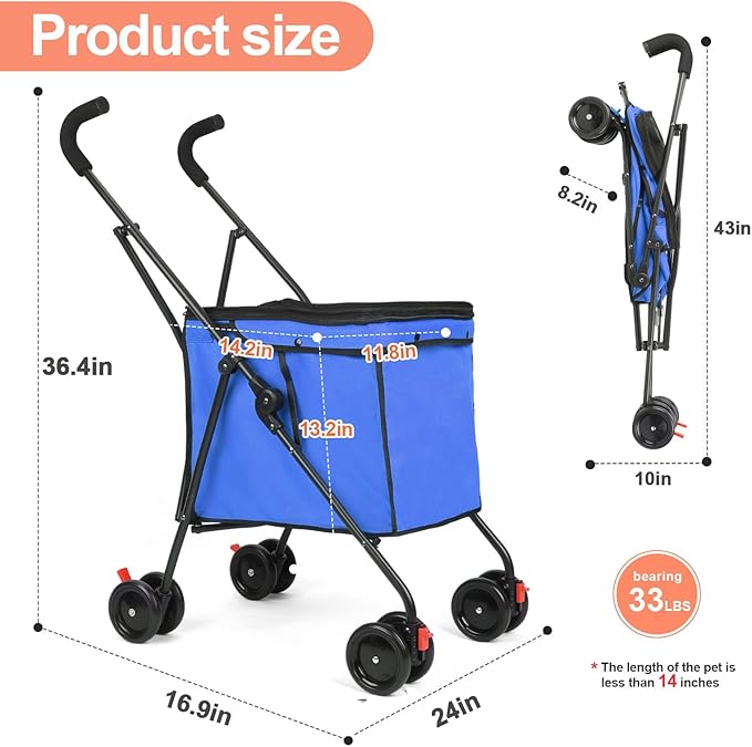 Dog Strollers, Shopping Cart, Collapsible Folding Utility Wagons Carts Heavy Duty, The Original Patented, 60lbs Capacity, Minimalist for Cats Pets Outdoor Camping Shopping Sports Garden (Blue)