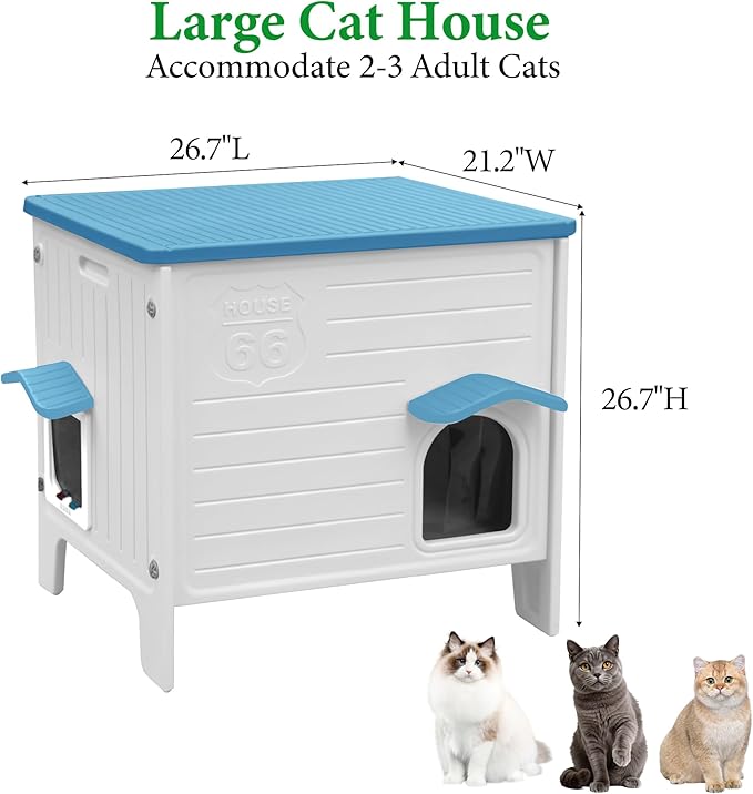Deblue Outdoor Cat House Weatherpoof Large Plastic Cats Houses with Escape Door Indoor Waterproof Feral/Pet Cat Shelter Outside for Multiple Cats (Blue)