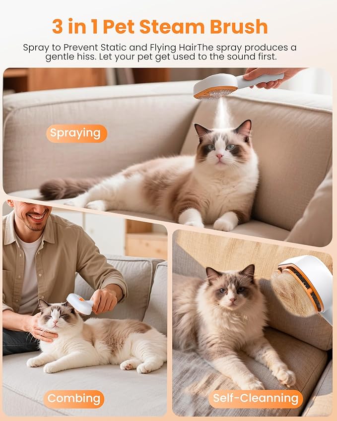 Cat Steam Brush, Self Cleaning Cat Brush for Shedding, 3 in 1 Pet Spray Hair Removal Comb, Pet Steam Brushes for Long and Short Haired Dog, Cool Mist Only