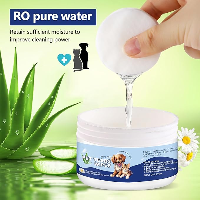 Dog Ear Wipes, Eye Wipes for Cats, Dog Tear Stain Remover Wipes, Pet Eye Wipes for Discharge and Crust (60pcs)