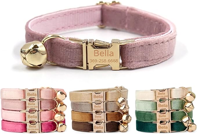 Colorful Velvet Custom Cat Collar, Personalized Cat Collar with Name, Engraved Collar for Small Large Cat Kitten with Bell (Champagne Pink,S)