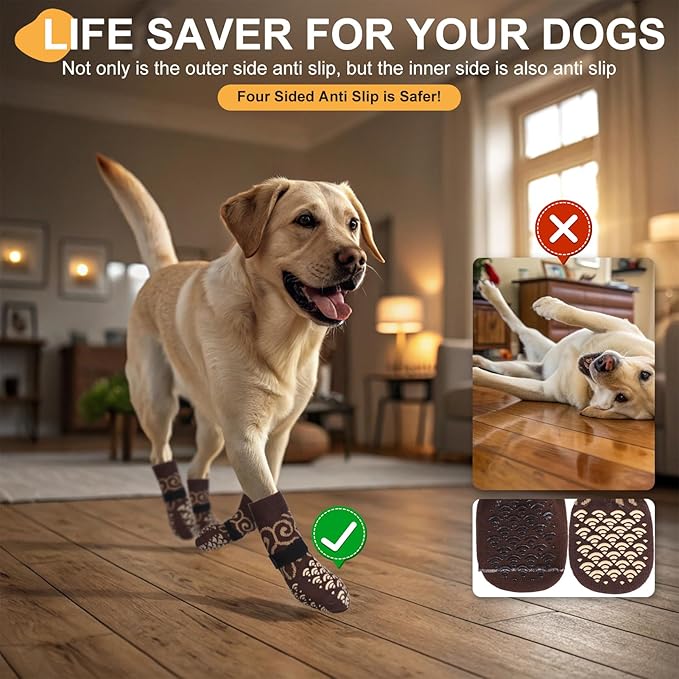 Anti Slip Dog Socks with Four Sides Grips for Hardwood Floors, Extra Traction Control No Twist - Dog Shoes Paw Protector for Hot Pavement to Prevent Licking Paws for Small Medium Large Dogs, L