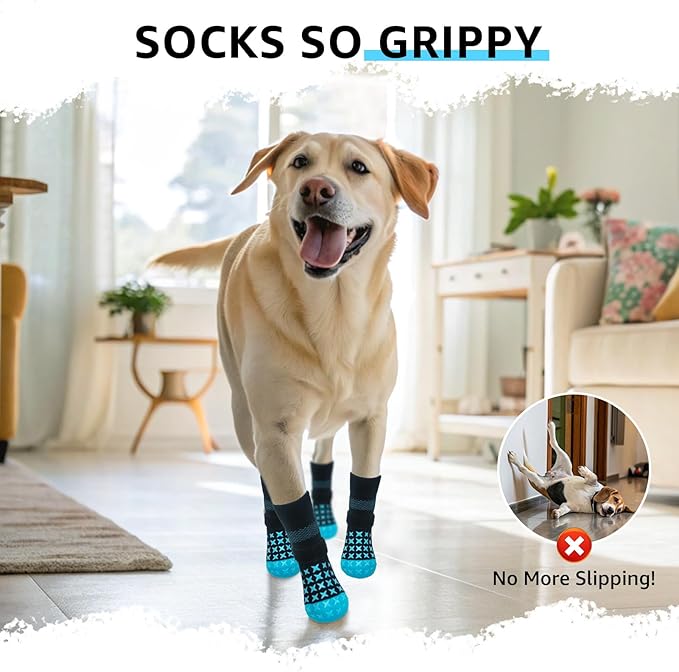 SCENEREAL Anti Slip Dog Socks to Prevent Licking Paws, Dog Booties & Paw Protectors for Hot Pavement Hardwood Floors, Traction Control for Small Medium Large Senior Dogs, Blue L