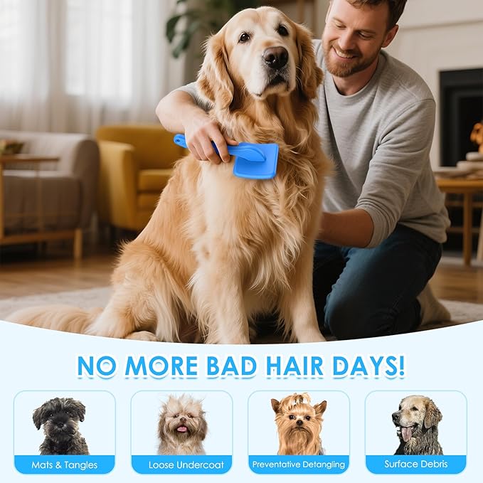 Large Long Pin Slicker Brush & Comb for Poodles, Goldendoodles & Cockapoos, Long Hair Dogs & Cats, Detangler Brush for Shedding & Matted Fur, Ergonomic Wooden Handle, Leather Sleeves. Blue