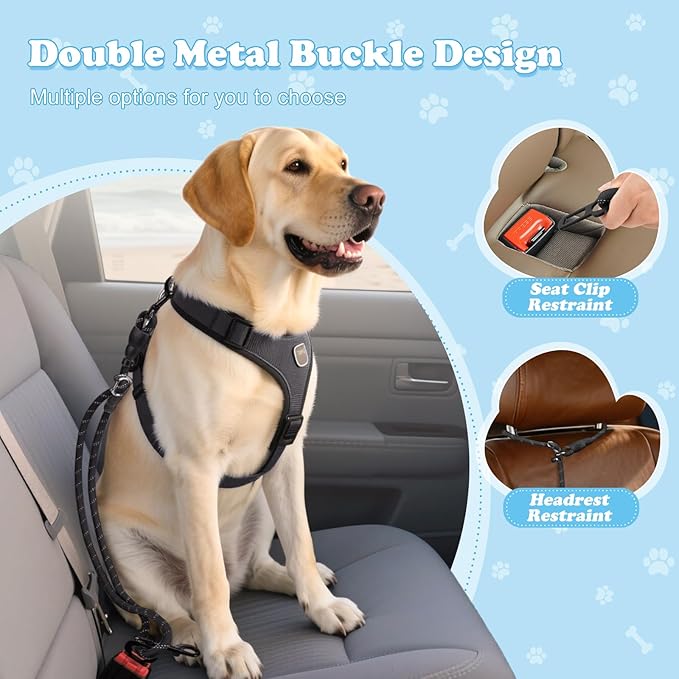 Pawaboo Dog Car Seatbelt, Dog Safety Harness for Car with Metal Clip Buckle, 360° No Tangle Adjustable Vehicle Safety Belt Leash for Pet, Dogs Vehicle Headrest Restraint with Reflective Strips, Black