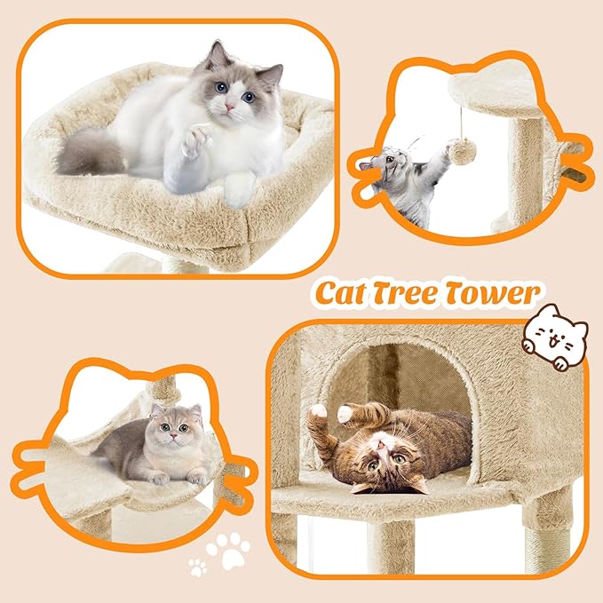 Sweetcrispy 44 inch Cat Tree Tower, Small Cat Climbing Tower with Condo, Natural Sisal Scratching Posts, Extended Platform, Hammock, Pet House for Indoor Cats and Kittens Play, Beige