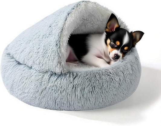 YUDANSI Calming Small Dog Bed & Indoor Cat Bed - Plush Fluffy Hooded Cave Nest, Anti-Slip Self-Warming, Washable Built-in No-Collapsing Support (Grey-65cm/26in)