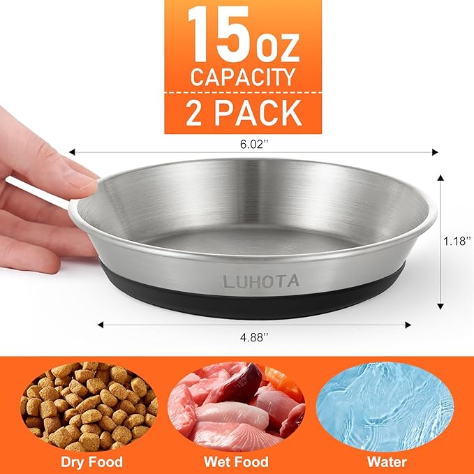 Cat Bowls, 2 Pcs 304 Stainless Steel Cat Bowls for Food and Water with Whisker-Friendly Shallow Design and Non-Slip Silicone Base, Perfect for Cats & Small Dogs