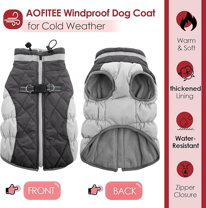 AOFITEE Dog Coat, Warm Dog Jackets for Large Dogs, Reflective Turtleneck Dogs Winter Coat with Harness Built in, Waterproof Windproof Pet Snow Jacket Fleece Vest for Cold Weather, Grey XXL
