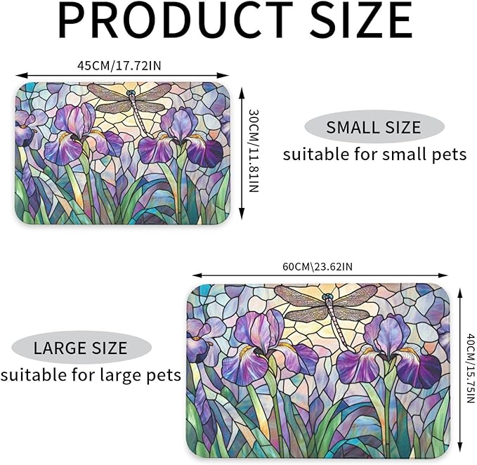 Stained Glass Floral Dragonfly Dog & Cat Food Mat for Floors Waterproof,Quick Dry Anti-Slip Bowl Mats for Food and Water,Pet Feeding Mats,Pet Placemat for Messy Drinkers to Protect Floor 17.72×11.81in