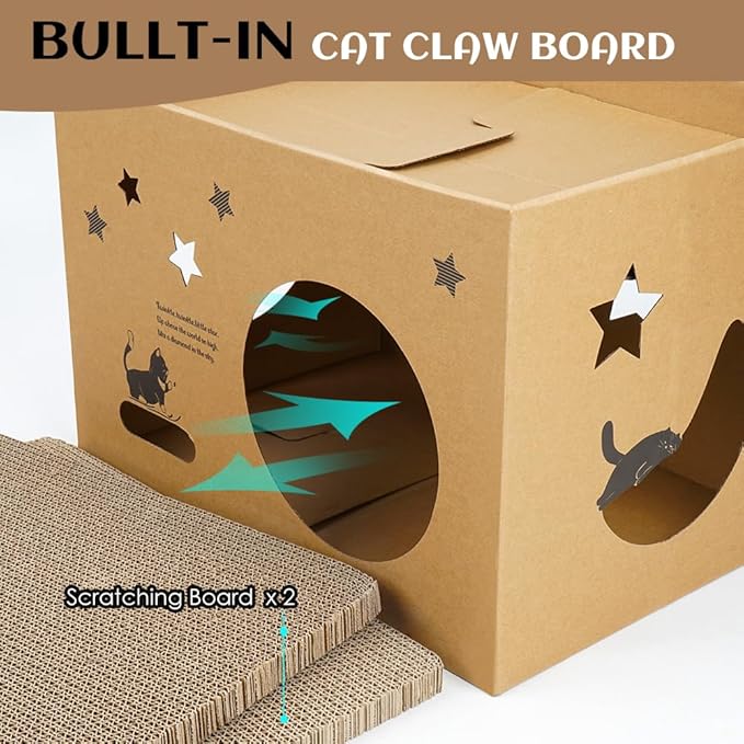 Cardboard Cat House with 2PCS Scratcher Pad 17" L x 12" W x 12" H Large Cat Scratchers Lounge Bed for Indoor Cats Cat Scratching Board & Cat Scratcher Box for Bunny/Cats Animals.
