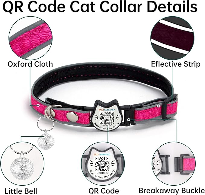 Cat Collar with Bells Reflective Cat Collars Breakaway with Oxford Cloth Soft Padding Adjustable Kitten Collar with QR Code（Hotpink）