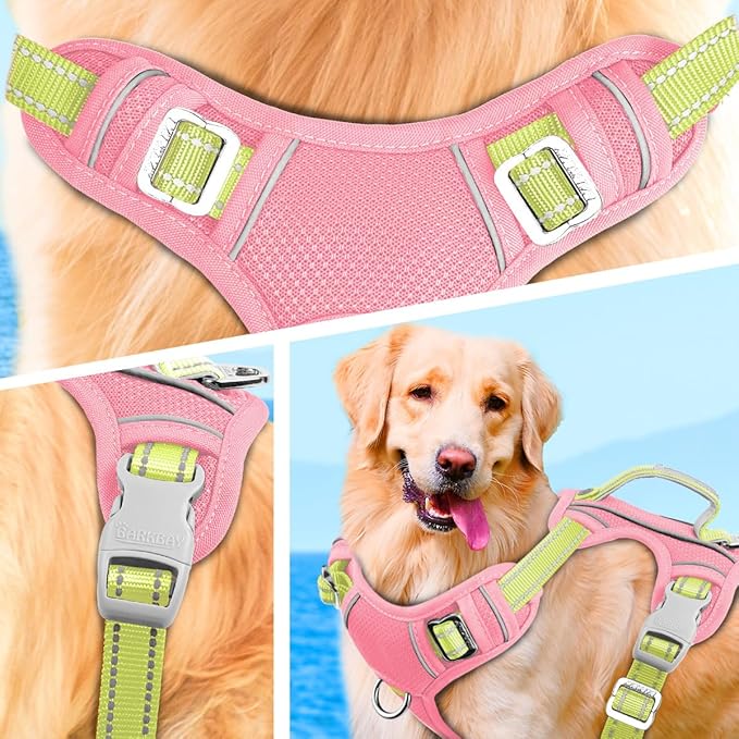 BARKBAY No Pull Dog Harness Large Reflective Dog Harness with Front Clip and Easy Control Handle for Walking Training Running with ID tag Pocket(Baby Pink & Sunlight,M)