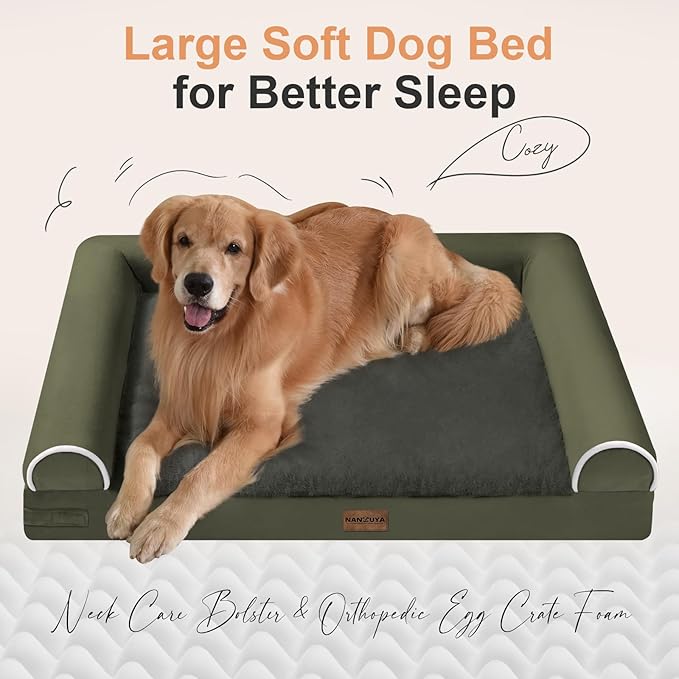 Large Dog Bed Orthopedic Washable: Jumbo Dog Bed Bolster Extra Large Dogs Egg Crate Foam Sofa Couch Waterproof Removable Cover - Dark Green
