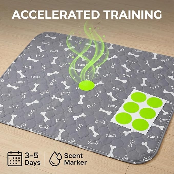 Puppy Pads with Pheromones Stickers, Reusable Pee Pads for Dogs, Durable 4-Layer Leak-Proof Training Mats with Non-Slip Bottom, Ideal for Indoor Training & Travel (Gray, L: 31.5" × 35.4")