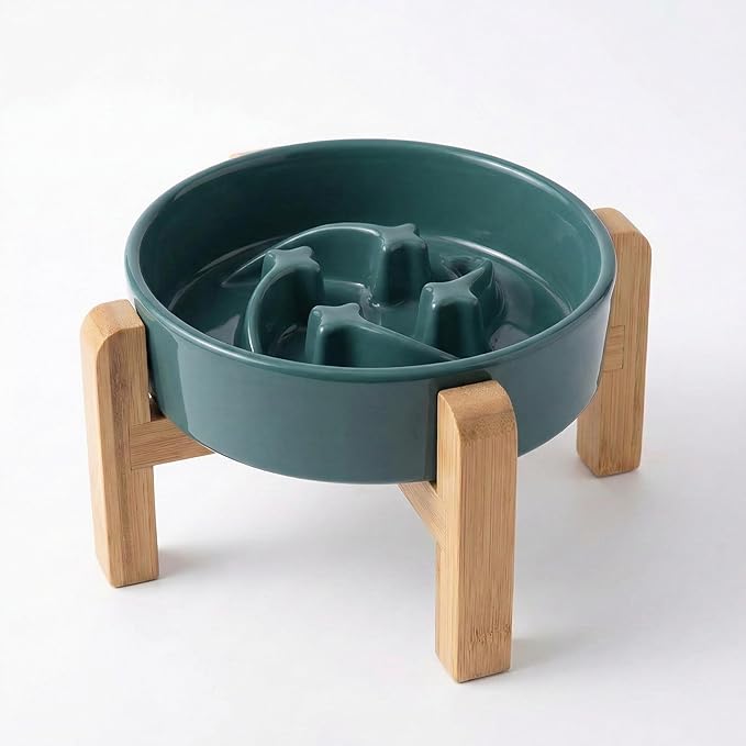 Ceramic Slow Feeder/Dog Bowl for Small Medium Dogs,Elevated/Raised Slow Feeding Dog Food Water Dish Heavy Weighted,Puzzle Eating Bowl Modern Maze (Stars Mark-Forest Green, 8.26n)
