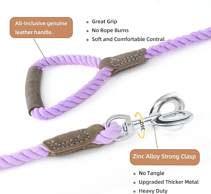 Mile High Life Dog Leash, Braided Cotton Rope Leashes with Leather Handle - Heavy Duty Metal Clasp, 4FT, 1/2" Thick - Wedding, Walking & Training Leash for Small Medium Large Dogs (Purple)