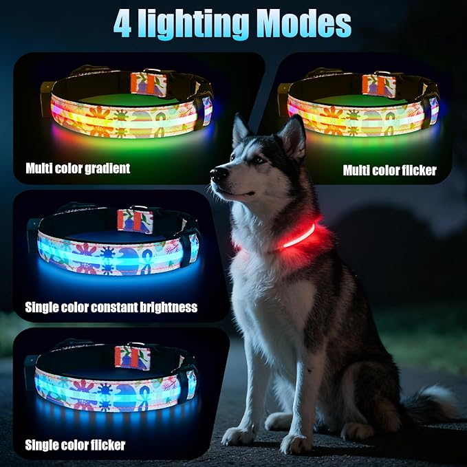 LED AirTag Dog Collar - Brightest Light Up Dog Collars - IP68 Waterproof Air Tag Dog Collar Holder - 1,600 Feet of High Visibility - Magnetic Charging - Dog Lights for Night Walking (Flower, L)