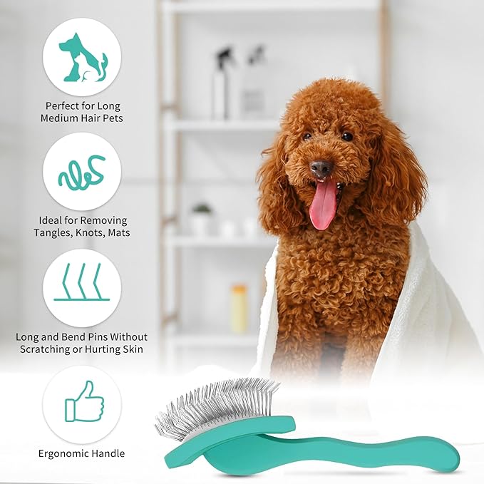 Slicker Brush for Dogs & Cats, Large Dog Brush for Goldendoodles Poodles Doodles Bernedoodles, Long Pin Grooming Tools to Dematting & Reducing Tangles and Fluff, Green