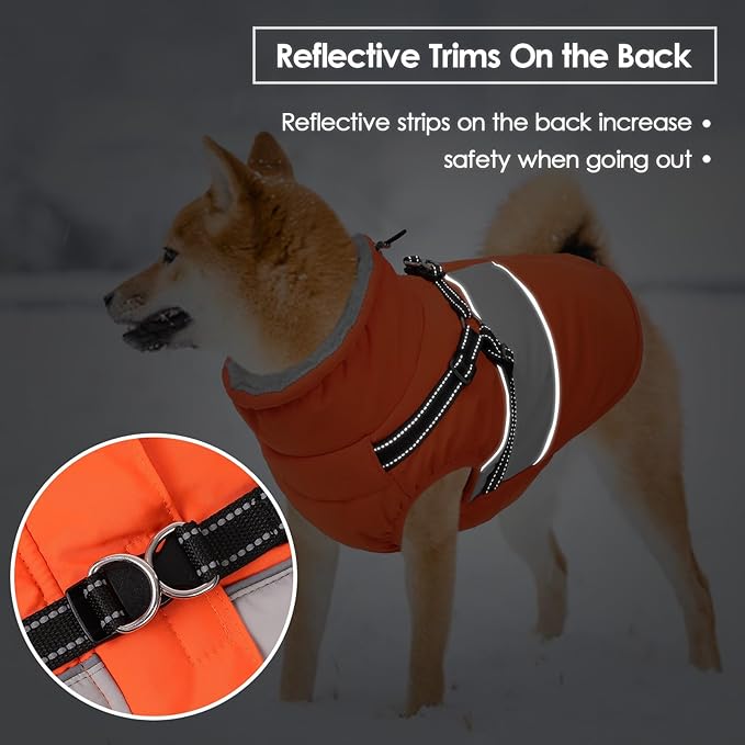 SUNFURA Dog Coat for Large Dogs, Warm Pet Jacket Winter with Harness Built in, Waterproof Pet Snow Jacket with Furry Collar, Reflective Fleece Snowsuit for Extra Large Dogs, Orange XL