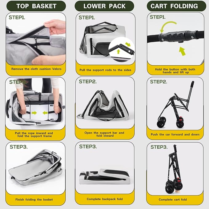 Pet Stroller Double Deck 4 Wheels Withe Rain Cover - Easy-Fold Dog Cat Stroller for Small Medium Dog Cats Carrier, Travel Folding Carrier Breathable and Visible Mesh with Cup Holder（Gray）