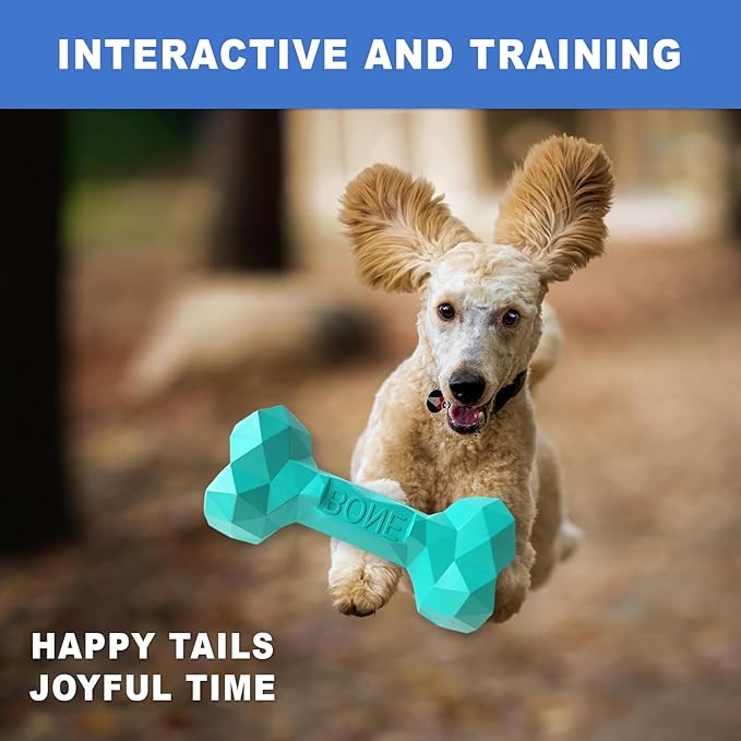 Durable Dog Chew Toy Rubber Bone 100% Natural Bite-Resistant Interactive Pet Toys for Dogs, Diamond Texture Modern Geometric Design (Lake Green, Small)