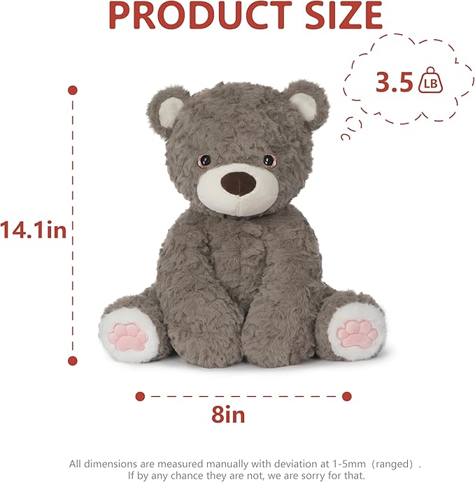 Niuniu Daddy 14" | 3.5 Pound Weighted Teddy Bear Stuffed Animal for Kids Adults, Giant Brown Bear Plush Toy Body Pillow, Weighted Beads for Stuffed Animals for Birthday Christmas Holiday Presents