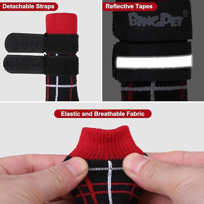 BINGPET Anti-Slip Dog Socks for Hardwood Floors,Injury Prevent Licking Dog Booties,Traction Control Paw Protector Dog Shoes for Hot Pavement with Reflective Straps for Small Medium Large Dogs