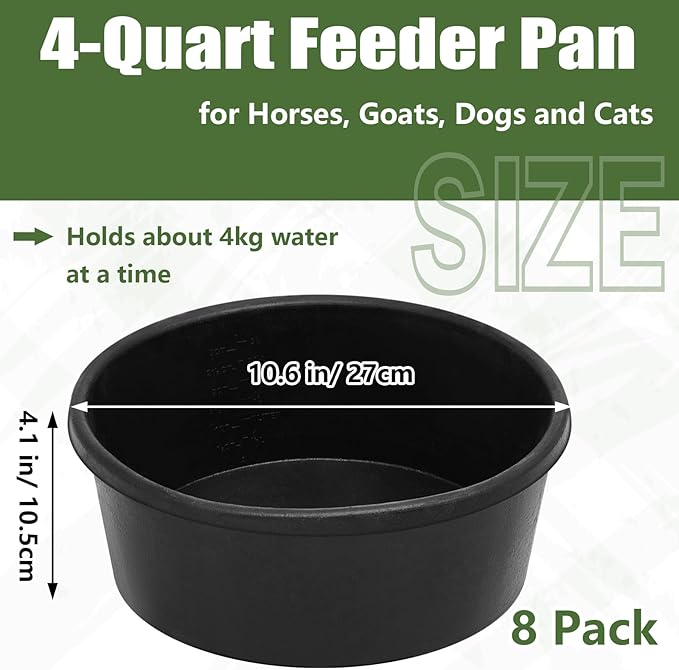 Sadnyy 4 Pcs 1 Gallon/4 Quart Rubber Feeder Pan, Horse Feed Bucket Utility Rubber Bowl 10.6 x 4.1 Inch Horse Feeder Chicken Dust Bath Stackable Livestock Feed Bowl for Pig Goat Chicken Dog Farm Animal