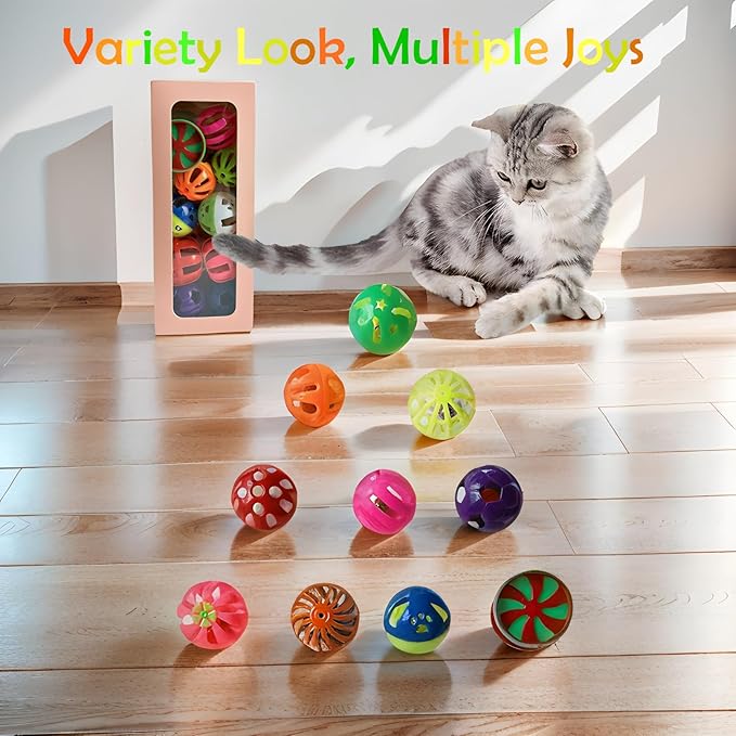 PETFAVORITES Cat Jingle Balls Toys 20Pcs 10 Styles 1.5" Plastic with Bells - Indoor Kitten Rattle Toy, Gift Box for Safe Play, Training & Interactive Fun
