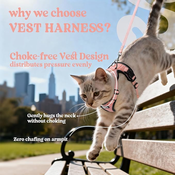rabbitgoo Cat Harness and Leash for Walking, Escape Proof Soft Adjustable Vest Harnesses for Cats, Easy Control Breathable Reflective Strips Jacket, Light Salmon Pink, M