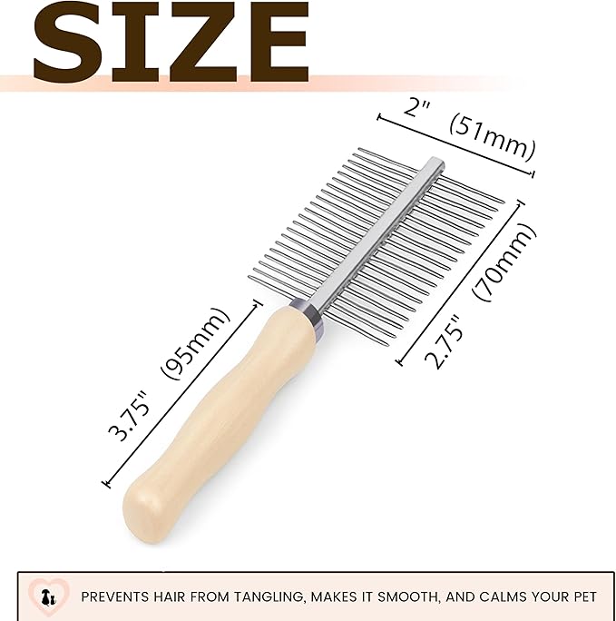 Double Row Pet Comb with Wooden Handle, Metal Pin Undercoat Rake for Dogs & Cats, Grooming Tool for Detangling, Deshedding & Massage