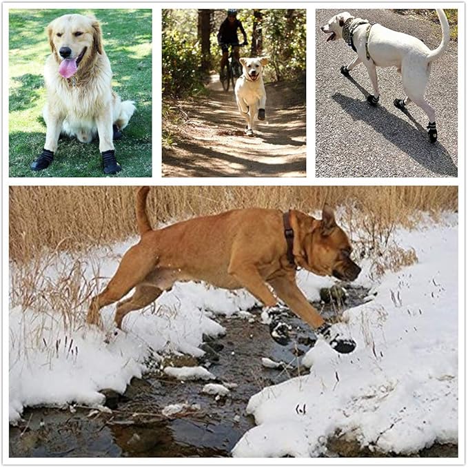 PK.ZTopia Waterproof Dog Boots, Dog Outdoor Shoes for Medium to Large Dogs with Two Reflective Fastening Straps and Rugged Anti-Slip Sole (Black 4PCS).