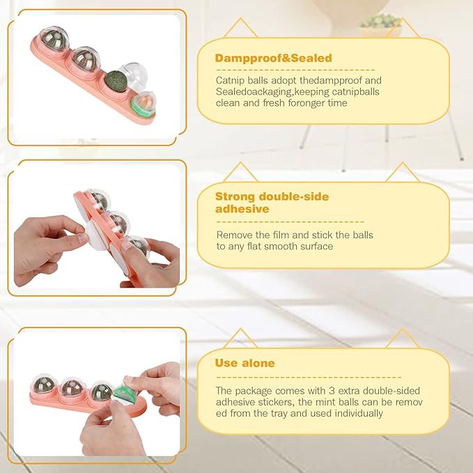 SINROBO Catnip Ball for Cats Wall, 4 Pack Catnip Toys, Silvervine Balls, Edible Kitty Toys for Cats Lick, Safe Healthy Kitten Chew Toys for Teeth Cleaning Dental, Cat Wall Treats (Pink, 4)