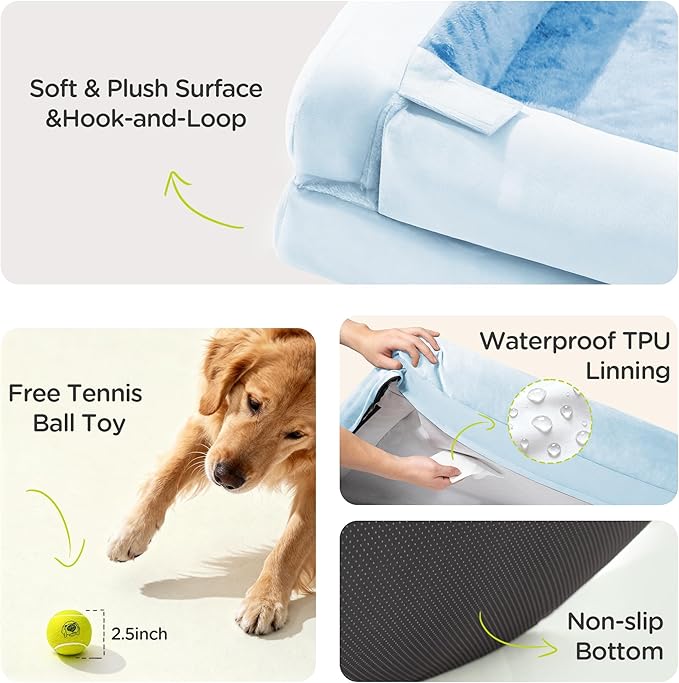 Orthopedic Dog Bed for Extra Large Dogs, XXL Waterproof Egg Crate Memory Foam Pet Bed Bolsters with Removable Washable Cover & Non-Slip Bottom, Tennis Ball Toy, 45x35