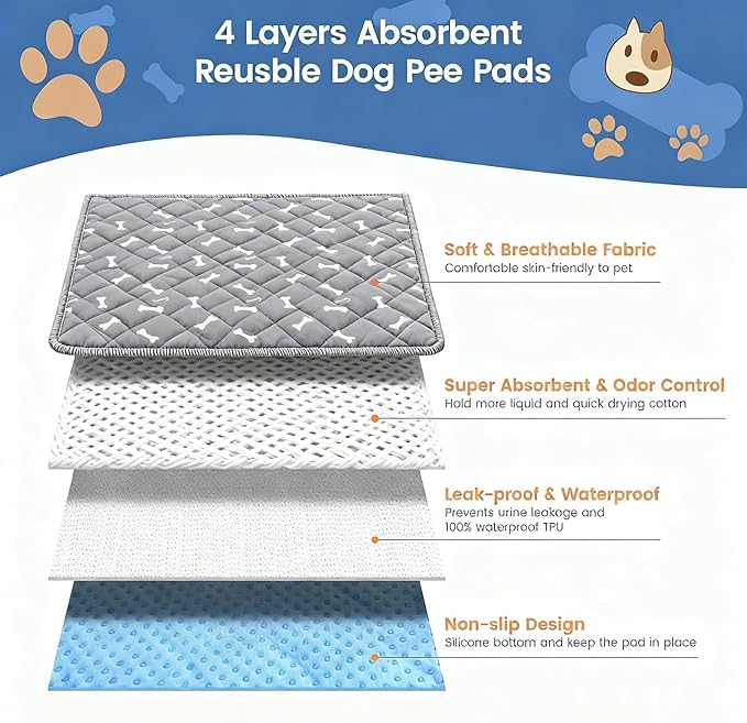 Puppy Pads with Pheromones Stickers, Reusable Pee Pads for Dogs, Durable 4-Layer Leak-Proof Training Mats with Non-Slip Bottom, Ideal for Indoor Training & Travel (Gray, L: 31.5" × 35.4")
