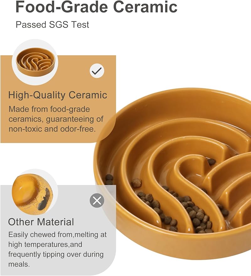Ceramic Maze Dog Slow Feeder with Non-Slip Silicone Rim (& Bamboo Stand) – Heavy-Duty Stoneware Bowl with Puzzle Pattern for Bloating & Obesity Prevention (Raised-Orange-M)