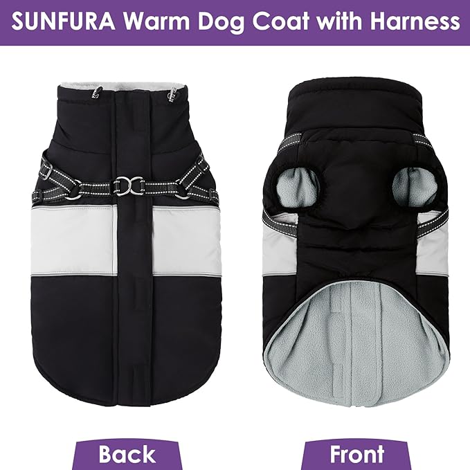 SUNFURA Small Dog Coat with Harness Built in, Warm Dog Jacket Winter with Zipper On Back, Waterproof Pet Snow Jacket Snowsuit Pet Sweater Clothes for Puppy, Black XS