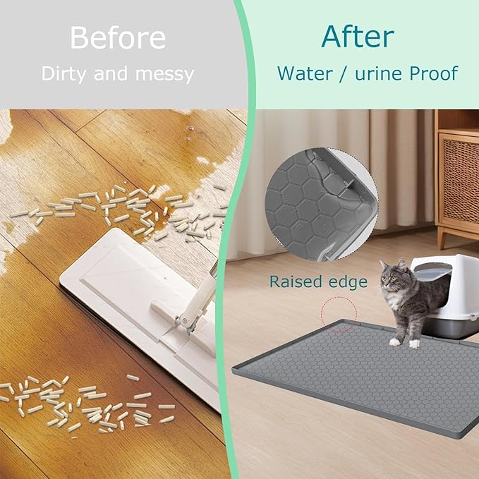 Cat Litter Mat for Litter Box, Silicone Large Cat Litter Trapping Mat - 37x22 in, Waterproof & Non-Slip, Durable & Easy Clean, Grey